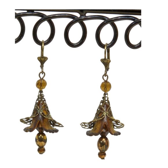 Camel Brown Gold Accent Hand Painted Lucite Flower Earrings, Crystal, Filigree - Picture 3 of 3